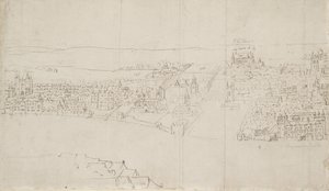 从Southwark看伦敦的全景：Durham House到Barnards Castle（笔和墨水在黑色粉笔在纸上） 作者 安东尼·范·登·温加德