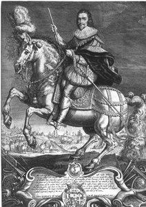 乔治-维利尔斯（1592-1628）第一代白金汉公爵的马术肖像，由威廉-德-帕斯（1598-1637）1625年刻制（雕刻）。