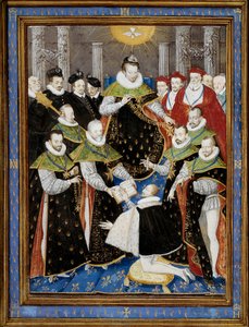 国王亨利三世（1551-1589）在1587年主持了圣灵会（Order of the Holy Spirit）的第一次仪式 威廉-里夏尔（16世纪）根据安托万-卡隆（1521-1599）的作品绘制的微型画 1587年 尚蒂伊，康德博物馆 - 国王亨利三世（15 作者 安托万（后）卡隆