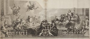 尼古拉斯·亨利·塔迪厄（Nicolas Henri Tardieu）雕刻的皇家宫殿大画廊天花板中央面板设计（1674-1749） 作者 安托万（后）Coypel
