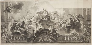 皇家宫殿大画廊天花板中心板的设计，由尼古拉-亨利-塔迪欧（Nicolas Henri Tardieu，1674-1749）雕刻。 作者 安托万（后）Coypel