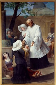 Saint Vincent de Paul (1581 - 1660) 照顾杀虫剂 (St Vincent de Paul Helping the Plague Ridden)。 Antoine Ansiaux (1764-1840) 的绘画。 南特，美术博物馆