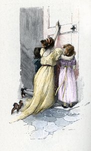 约瑟芬·德·博哈内 (Josephine de Beauharnais) 和她的孩子霍滕斯 (Hortense) 和尤金 (Eugene) 在拿破仑·波拿巴 (1769-1821) 的房间门口哭泣，在得知拿破仑·波拿巴 (1769-1821) 在埃及逗留期间的婚外冒险后，拒绝打开他的房间