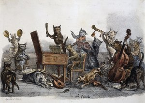 业余音乐会，猫咪演奏乐器的漫画，雕刻家Carle Vernet（1758-1836），法国 作者 安东尼·查尔斯·贺拉斯·韦尔内