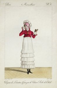 一件Levantine女士帽子，一条分层裙子和一件天鹅绒夹克，来自&39;Incroyable et merveilleuse&39;系列时装板的6号板，由Georges Jacques Gatine（1773-1831）雕刻，于1797年出版。 作者 安东尼·查尔斯·贺拉斯·韦尔内