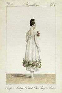 一位身着亚洲发型的女士穿着带有丝带的balldress，来自&39;Incroyable et merveilleuse&39;系列时装板的4号板，由Georges Jacques Gatine（1773-1831）雕刻出版1 作者 安东尼·查尔斯·贺拉斯·韦尔内