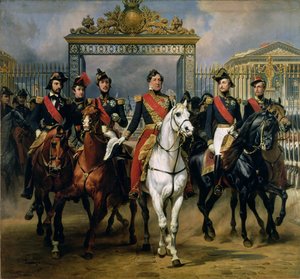 1846年，法国国王路易斯 - 菲利普（1773-1850）和他的儿子们骑马离开凡尔赛宫