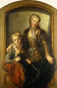 杜比夫人和她的女儿的肖像，中体，穿着窗口的晚礼服，1733年