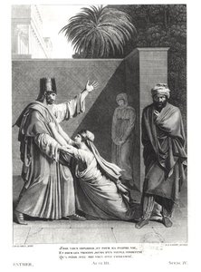 Esther Imploring Assuerus在Aman的存在下，由Esther by Jean Racine（1639-99）绘制的插图由JJ Coiny（1761-1809）雕刻