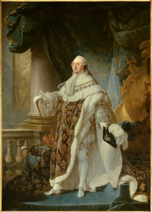 法国路易十六 (1754-1793) 的肖像，1779 年穿着伟大的皇家服装 安托万·弗朗索瓦 (Antoine-Francois) Callet (1741-1823) 1779 年昏暗。 2,7x1,89 m - - 法国国王路易十六（1754-1793）在他的皇冠上的肖像