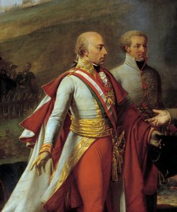 奥斯特利茨战役后，拿破仑一世（1769-1821）和弗朗索瓦二世在摩拉维亚的萨鲁奇茨的采访，4/12/1805 代表奥地利的弗朗索瓦二世（1768-1835）（左）和列支敦士登的约翰一世（1760-1836）的细节 ） （对）。 安托万·让绘画 作者 安东尼·让·格罗斯