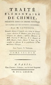 化学基础论文题目页，第二卷，1789年在巴黎出版（印刷版） 作者 安托万·洛朗·拉瓦锡（Antoine Laurent de Lavoisier）