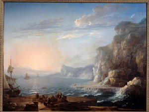 日落 海上的悬崖和岩石景观，前景是渔民。 Antoine Lebel (1705-1793) 18 世纪的绘画。 0,9x1,16 m 鲁昂，美术博物馆 作者 安托万·勒贝尔