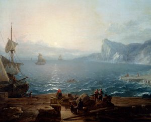 日落 海上的悬崖和岩石景观，前景是渔民。 细节。 Antoine Lebel (1705-1793) 18 世纪的绘画。 0,9x1,16 m 鲁昂，美术博物馆 作者 安托万·勒贝尔