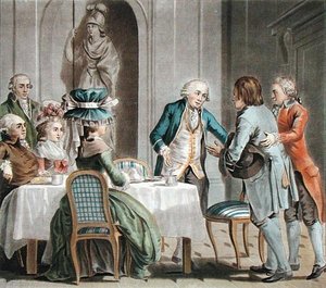 沃克斯伯爵（1705-88）向农民提供食物和饮料，由让-巴蒂斯特-莫雷（fl.1790-1820）刻制。