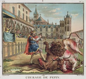 《丕平的勇气》（The Courage of Pepin，714-68 年），由让·巴蒂斯特·莫雷 (Jean Baptiste Morret，fl. 1790-1820) 雕刻，1789 年（彩色雕刻）