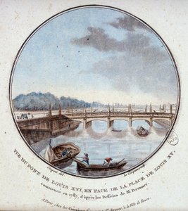 根据 Peronnet 先生的图纸，路易十六桥位于路易十五所在地对面，始建于 1787 年。 中士在巴黎主要建筑的美丽景色中 作者 安托万·路易斯·弗朗索瓦·瑟金特·玛索