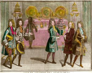 Buffet stands for snacks in the sixth bedroom of the apartments of the family of Louis XIV (1638-1715) during the evenings of apartment in Versailles around 1696 Engraving by Antoine Trouvain (1656-1708) 1696 approx. Private collection