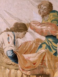 佛兰德挂毯特修斯的故事系列。巴克斯娶阿里阿德涅为妻（Baco toma a Ariadna por esposa）。系列挂毯的第九幅。模型：Anthonis Sallaert。制作者：Jan Raes the Younger，布鲁塞尔。约 1630 年；面料：丝绸和羊毛。尺寸 392 x 45