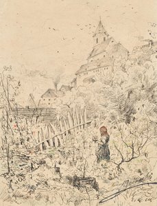 农家女在花园中，身后是教堂和村庄 作者 安东·布里奥斯基