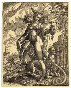 Heresia 神是一个寓言人物，形象是一个长着驴耳朵的女人，手里拿着一本被撕坏的书，两腿之间夹着一个怪物。安东-艾森豪特（1554-1603 年）创作的反改革派讽刺版画 16 世纪末 作者 