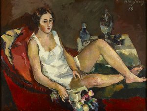 红色沙发上的年轻女子 作者 安东·费斯托尔