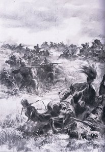 在 Praszysz 击败俄罗斯第 14 骑兵旅，出自 The Illustrated History of the World War 1914-1915 酒吧。 by Union Berlagsefellfchaft 作者 安东·霍夫曼