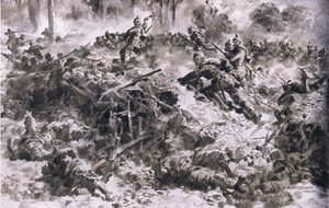 符腾堡国王榴弹兵突破了敌人在阿尔贡的部署，摘自《1914-1915年世界大战插图史》，由Union Berlagsefellfchaft出版。 作者 安东·霍夫曼