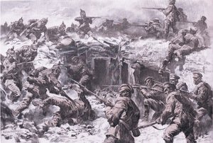 西里西亚、普鲁士和德意志帝国军队击败莫斯科掷弹兵军团，来自 The Illustrated History of the World War 1914-1915 酒吧。 by Union Berlagsefellfchaft 作者 安东·霍夫曼