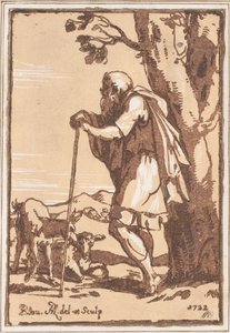 老年牧羊人拄着拐杖，1722年。
