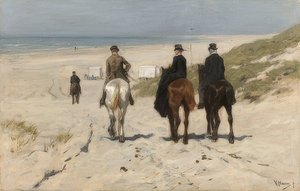 在海滩上骑马。 1876年
