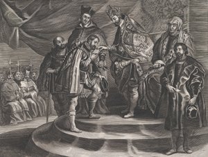 图版25：腓力被他的父亲查理五世加冕为西班牙国王，摘自Guillielmus Becanus的...，1636年。 作者 安东·范德