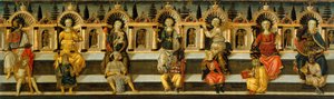 七美德 - Antonfrancesco (Anton Francesco) Guidi 的作品，称为 Scheggia (1441-1476)，木版画蛋彩画 (49.8x159.3 cm)，约 1467-1469 - Antonfrancesco (Anton Francesco ) 的《七美德》面板蛋彩画Guidi 称为 Scheggia，约 1467-1469 年 - M 作者 Antonfrancesco dello Scheggia
