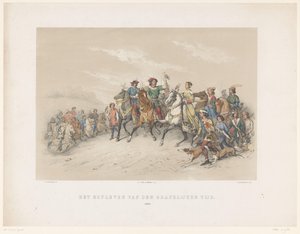 1851 年乌特勒支化妆舞会：1296 年的宫廷生活
坟墓时代的宫廷生活。1296 年（物品上的标题）
荷兰历史。从最早的时代到 17 世纪末，分为八个场景，由 H.H. Dtudente 穿着戏服展示 作者 彼得·威廉姆斯·范·德·魏尔