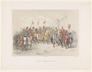 1851 年乌特勒支化妆舞会：骑士精神，1217 年
作为一名骑士，1217 年（标题见实物）
荷兰的历史。从远古时代到 17 世纪末，由乌特勒支大学的 H.H. Dtudenten der Utrechtsche Hoosche 以八幅插图的形式展示。 作者 彼得·威廉姆斯·范·德·魏尔