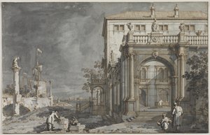 随想曲：泻湖旁的一座带庭院的宫殿c。 1750-1755。 作者 乔瓦尼·安东尼奥运河（Canaletto）