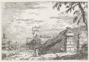 景观  两根被毁坏的石柱 作者 Antonio Canaletto