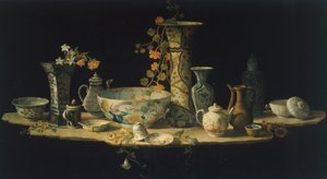 约1875年，Antonio Cioci（1722年至1792年之间）为硬石台面与瓷器花瓶作准备画，布面油画。