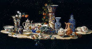 带瓷器花瓶的桌面，约1797年，大理石上的半宝石马赛克，在佛罗伦萨的大公国工场根据Antonio Cioci（活跃于18世纪下半叶）的模型创作，意大利，意大利文化