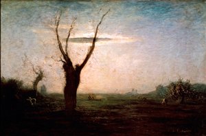 四月的冬末景观，一棵树仍然没有叶子。 绘画”安东尼奥·丰塔内西（1812-1882）