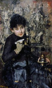 拿着墨水瓶的女人，约1875年，安东尼奥-曼奇尼（1852-1930），布面油画