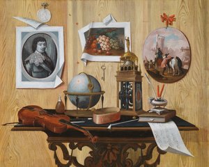 Trompe l“ oeil的版画和两幅画，一把钥匙，一把小提琴，一个地球仪，一个时钟，一张乐谱和桌上的其他物品 作者 安东尼奥·马拉