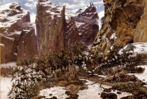 Roncesvalles（或西班牙语中的 Roncesvalles）。 西班牙北部的风景。 Antoni MUNOZ i DEGRAIN (1841-1924) 的画作，19 世纪末。 布面油画。 西班牙，瓦伦西亚，Museo de Bellas Artes San Pio V。