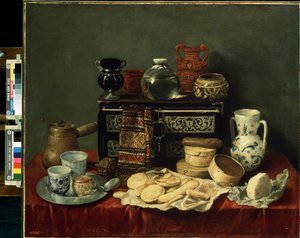 "有乌木箱子的静物 奶酪、陶器、壶、餐巾、罐子、咖啡研磨器和蜜勺。安东尼奥-德-佩雷达-萨尔加多（1611-1678 年）1652 年的画作 尺寸：80x94 厘米 圣彼得堡冬宫博物馆 作者 安东尼奥·佩雷达·萨尔加多