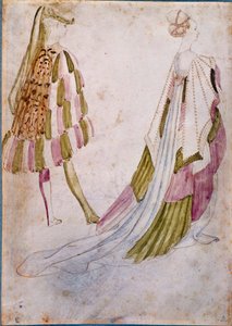 一男一女身着宫廷服装水彩、羽毛和水洗 by Antonio di Puccio Pisano dit Pisanello（1395-1455 之前）1450 年太阳。 0,27x0,19 m 尚蒂伊，孔德博物馆 作者 安东尼奥·皮萨内洛