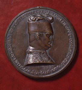 菲利普-玛丽亚-维斯康蒂（1392-1447）的铜牌，背面，1441年由安东尼奥-迪-普西奥-皮萨诺设计，被称为皮萨奈罗（约1395-1455），直径10.20厘米