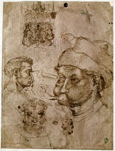 四个男人的脑袋，其中两个有三张脸。 祭坛画。 一匹马。 Antonio di Puccio Pisano dit Pisanello（1395-1455）工作室的图纸。 棕色墨水，钢笔（绘图），血液。 昏暗：27,1x20,5cm。 卢浮宫，奖章内阁。 作者 安东尼奥·皮萨内洛
