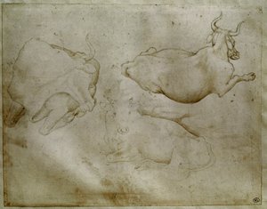 两头牛和一棵杜松。安东尼奥-迪-普西奥-皮萨诺（Antonio di Puccio Pisano dit Pisanello，1395-1455）绘制。卷轴，金属尖端。高度：17.6厘米。卢浮宫，勋章柜 作者 安东尼奥·皮萨内洛