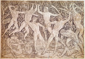 裸男打架。 由 Antonio Pollaiuolo (Pollaiolo) (1432-1498) 雕刻