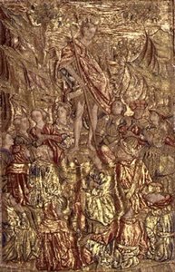 施洗者圣约翰向众人讲道，描绘圣人生活场景的挂毯（纺织品）。 作者 安东尼奥·波莱尤洛